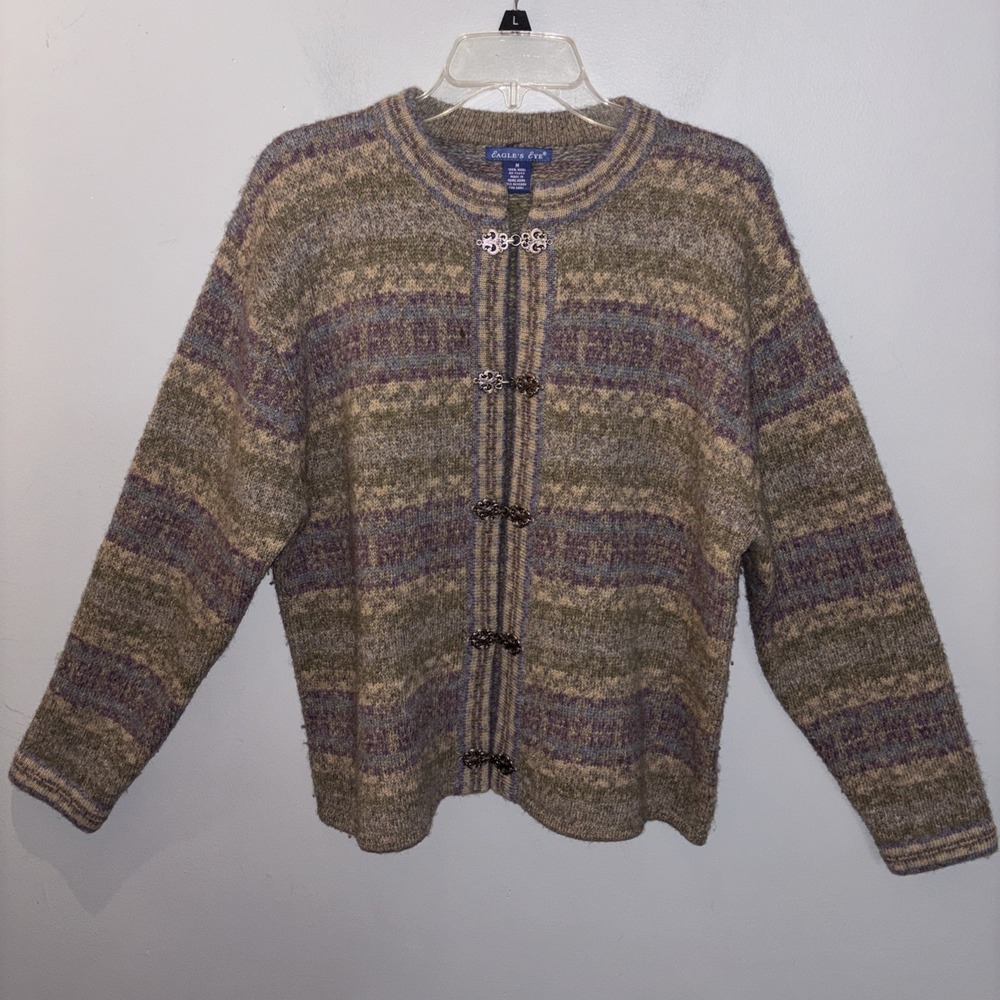 VTG Eagles Eye Gray Fair Isle Wool Cardigan Sweater Metal Clasp Nordic Size M